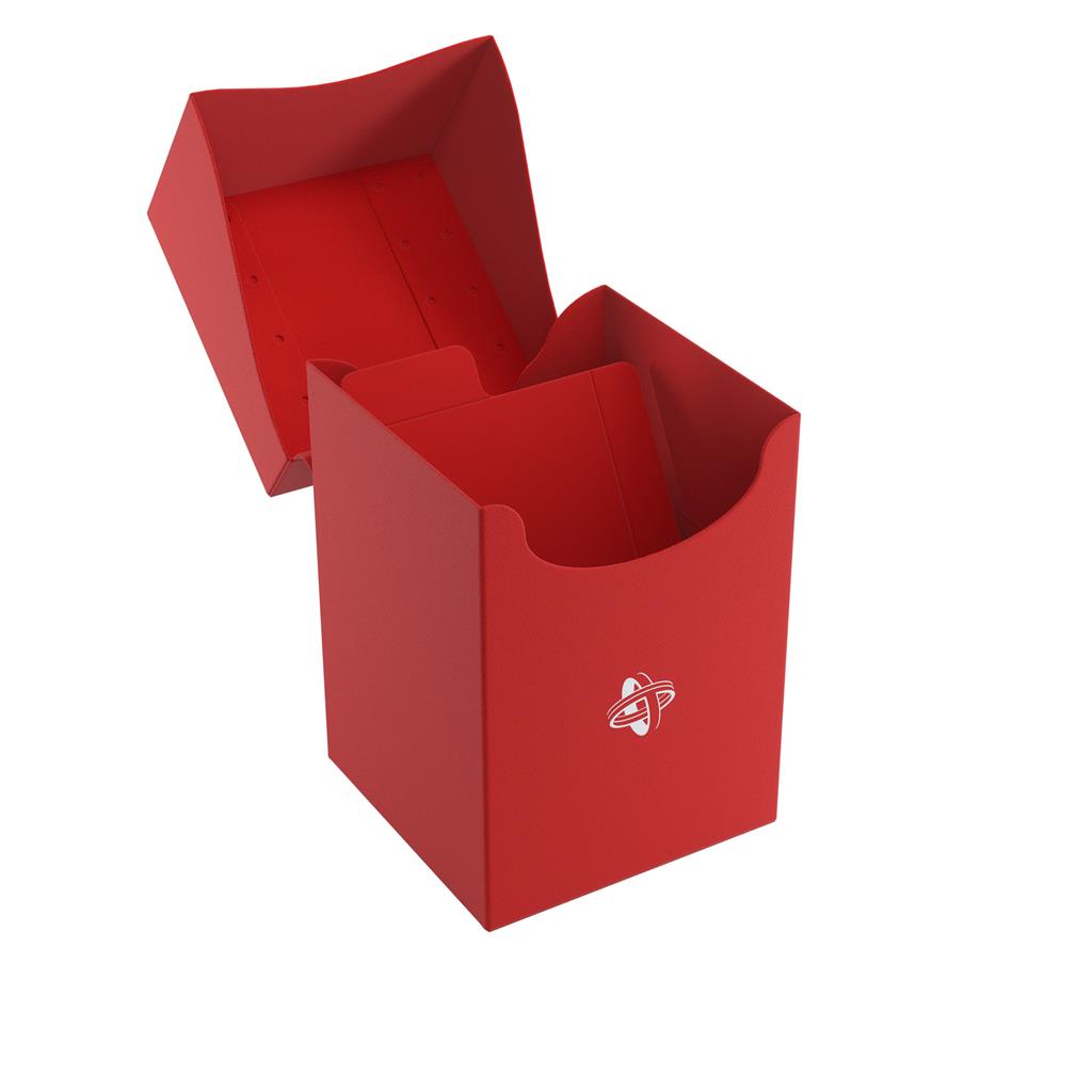 open red plastic deck box with attached lid