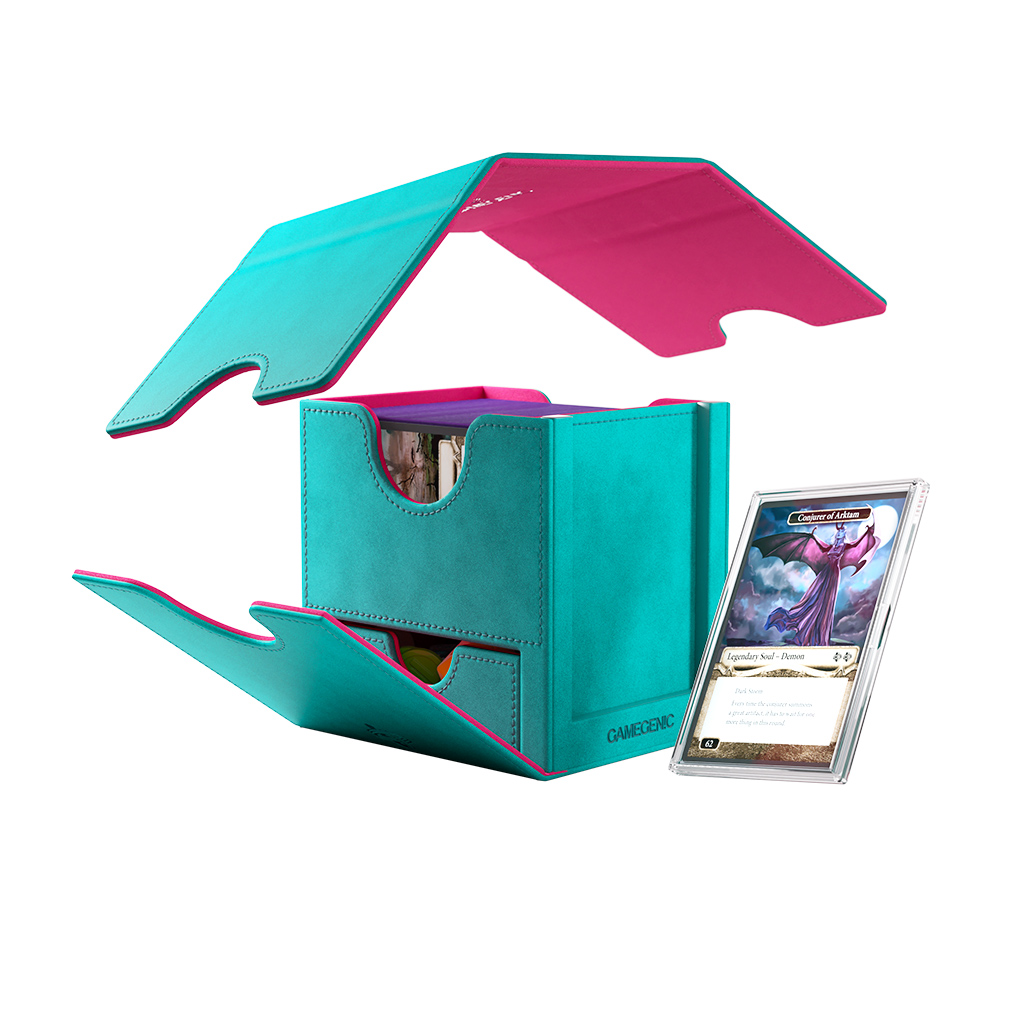 open teal deck box with drawer and pink lining