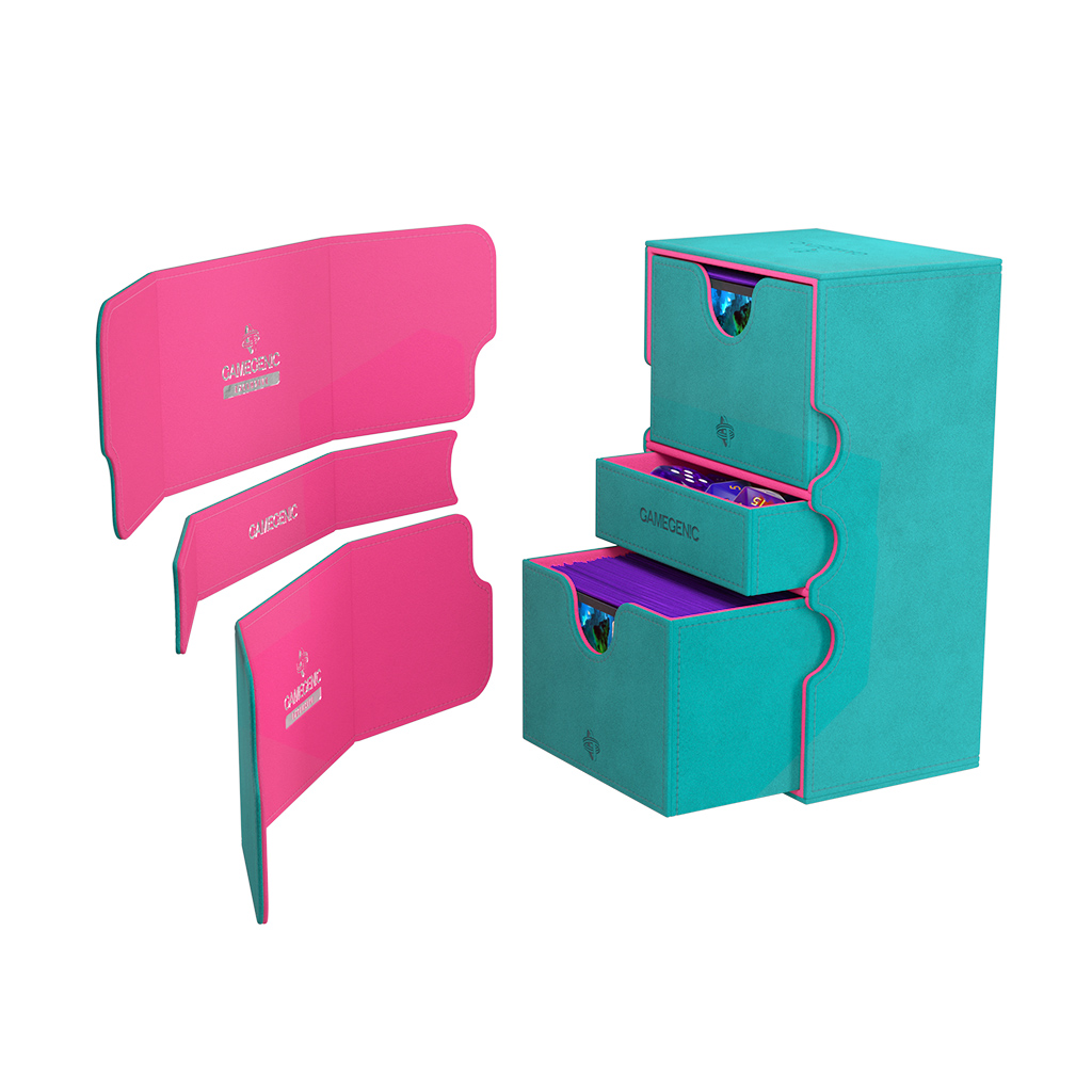 open teal deck box with two deck slots one drawer and pink lining