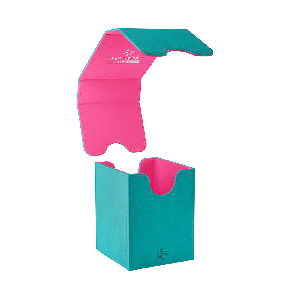 open vertical teal deck box with pink lining