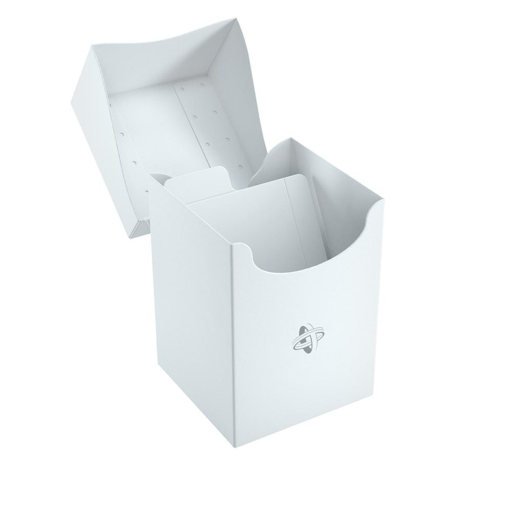 open white plastic deck box with attached lid