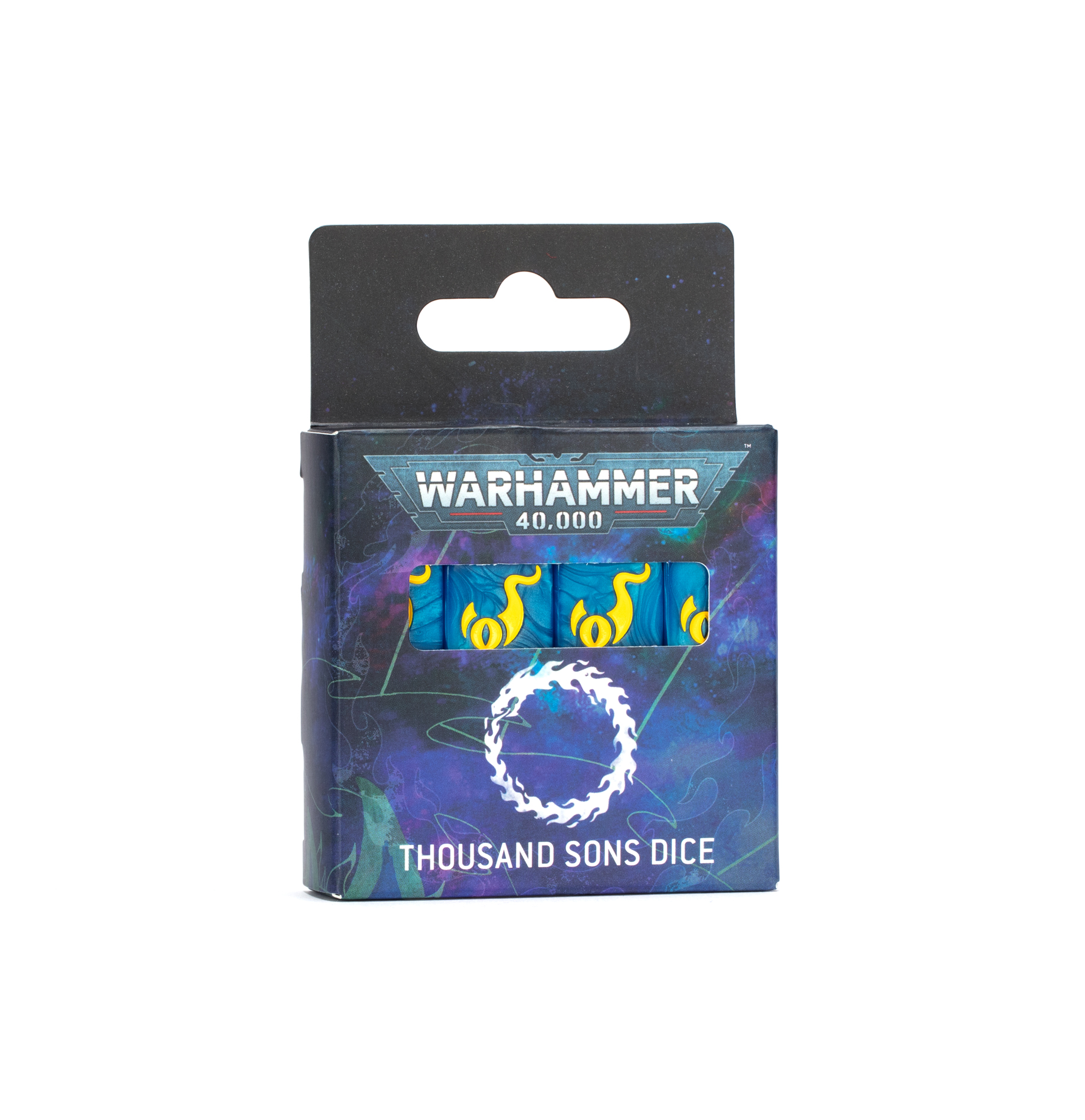 pack of blue dice with yellow markings
