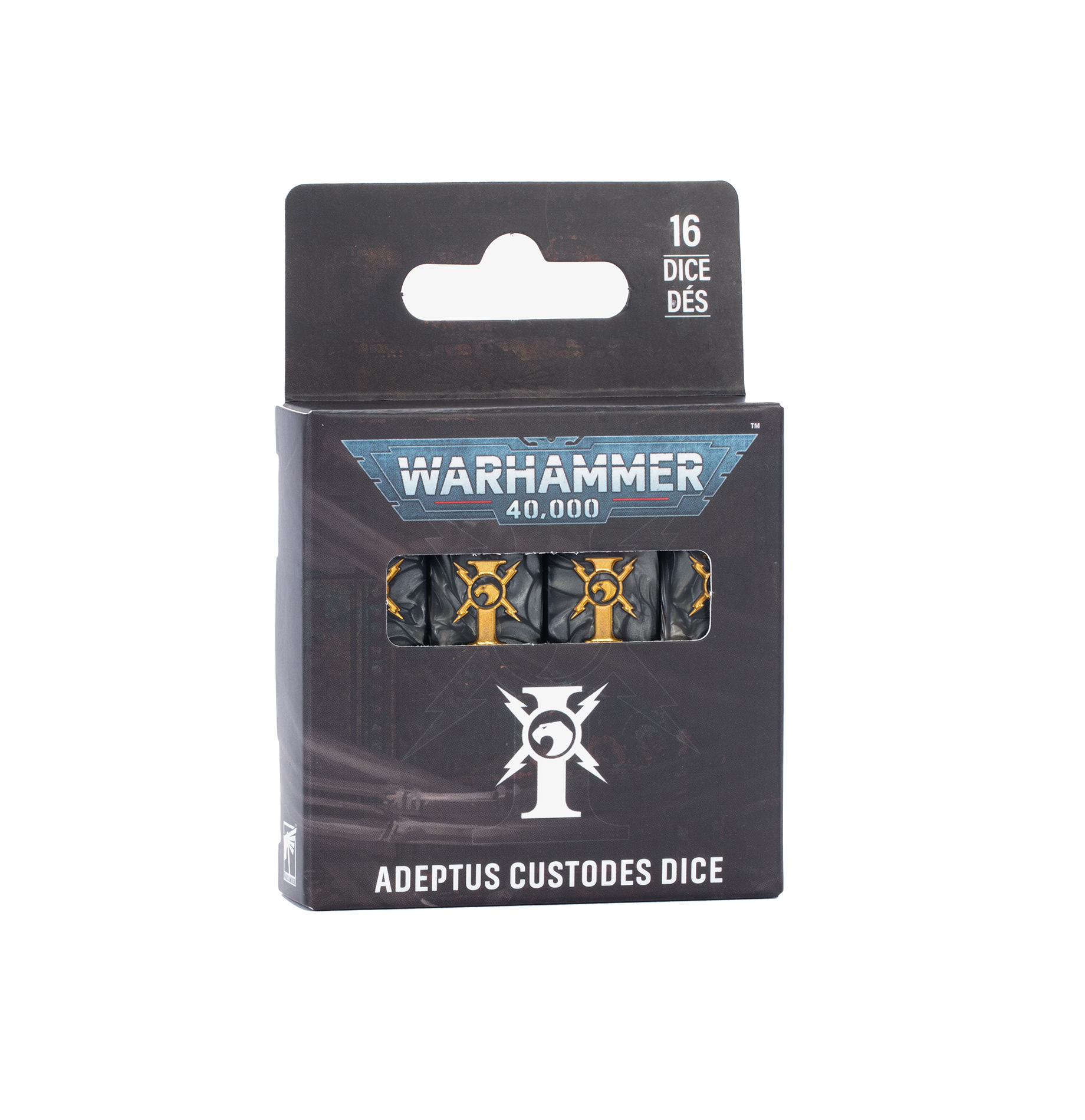 pack of dark grey dice with gold markings