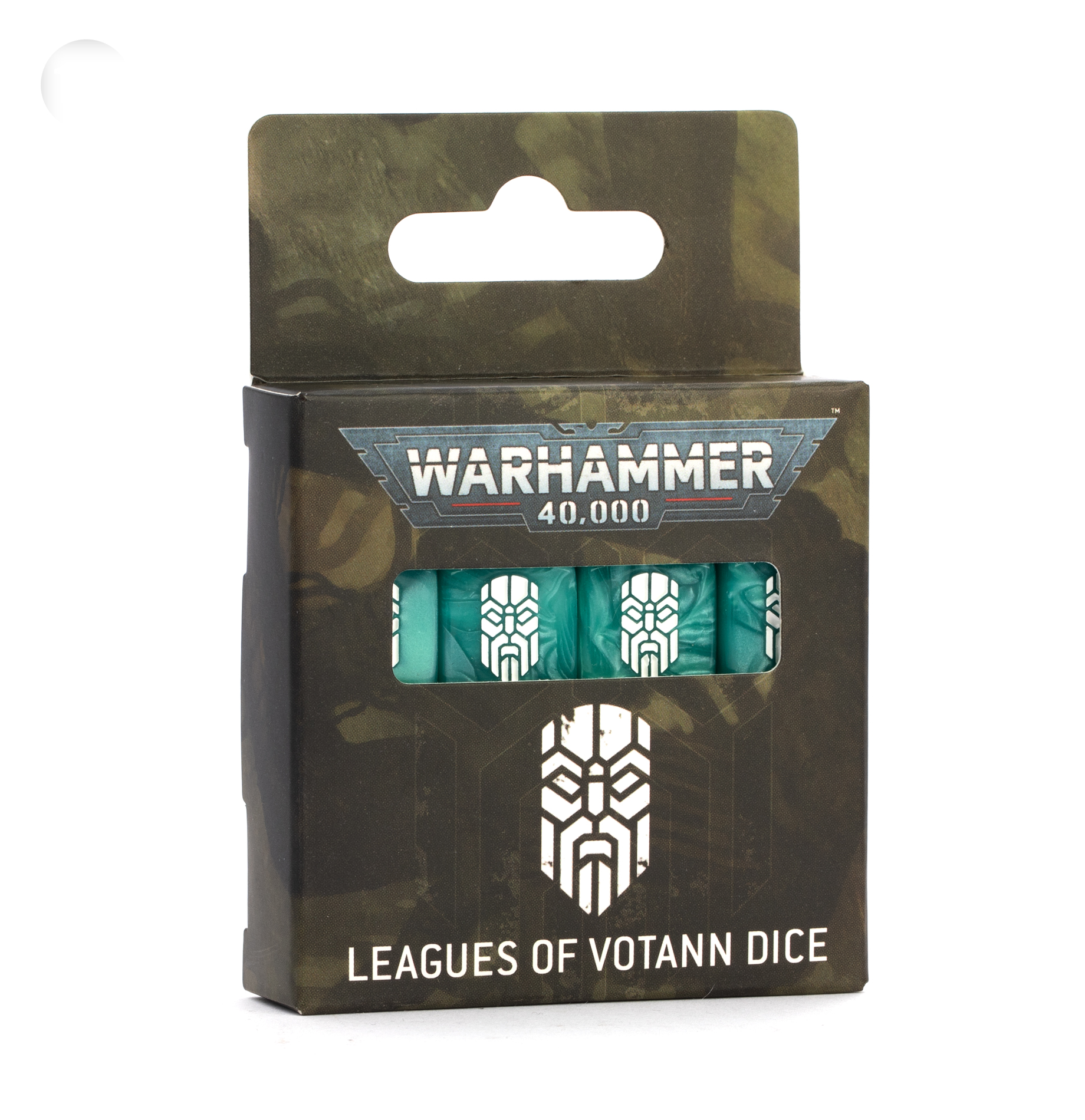 pack of teal dice with white markings