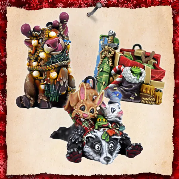 painted badger, reindeer, and christmas gifts