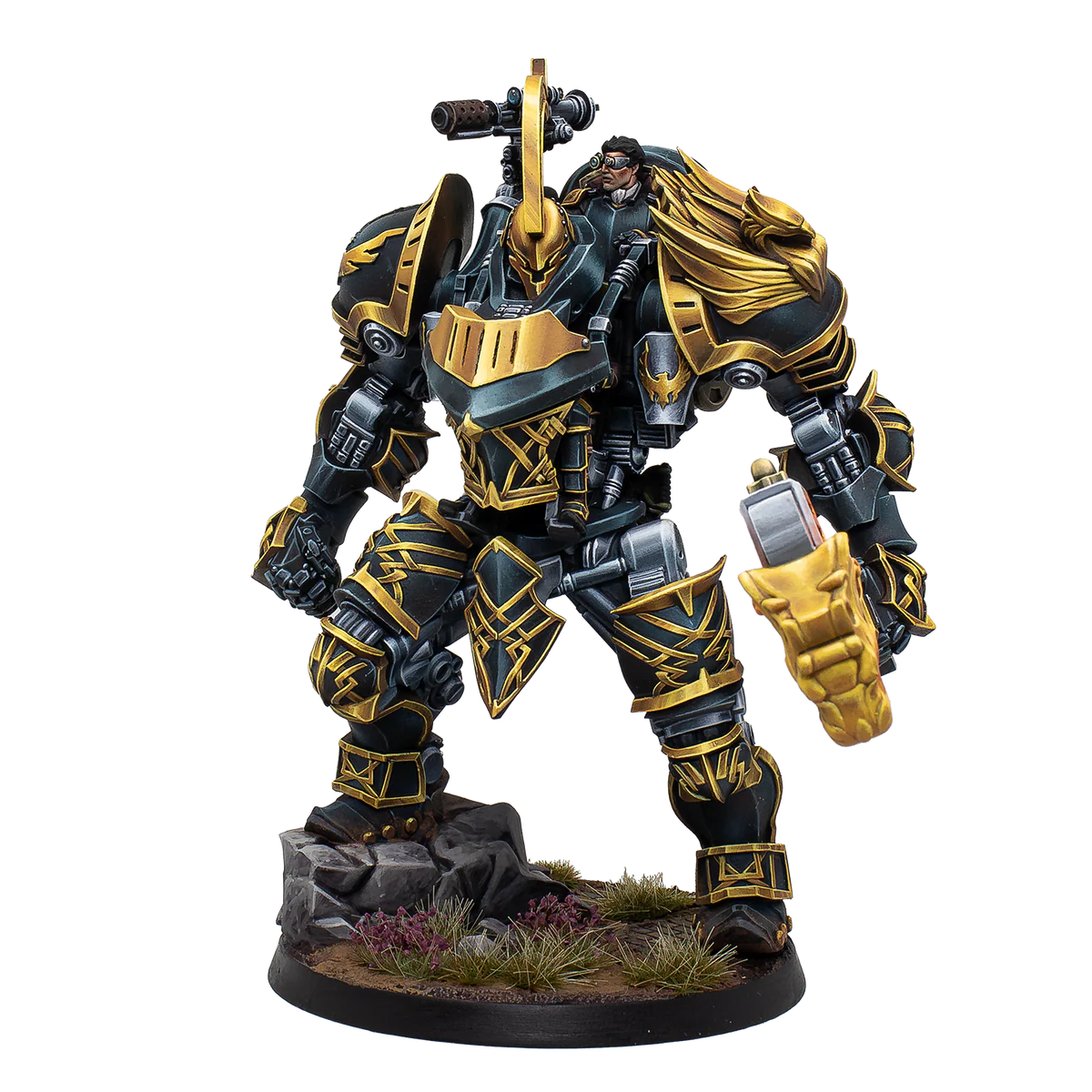 painted fantasy mech miniature in black and gold