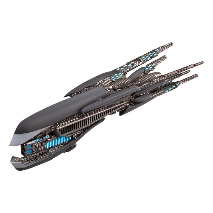 painted grey and blue space ship miniature