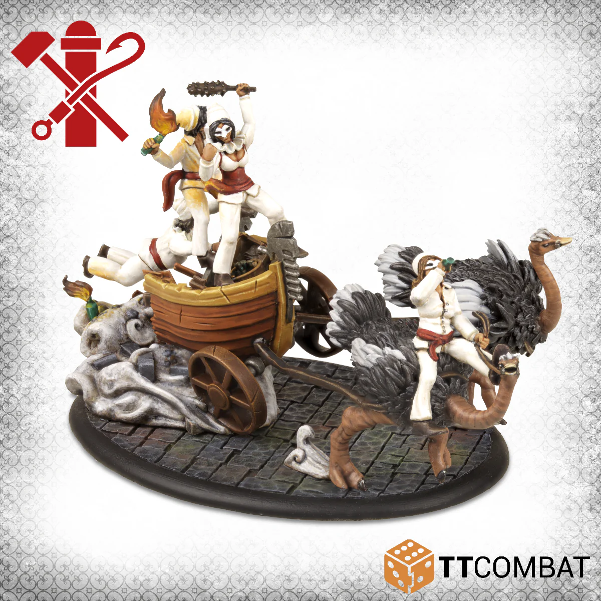painted miniature chariot pulled by two ostriches with four riders