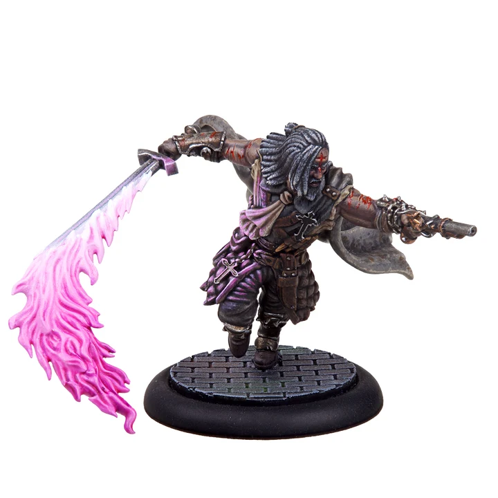 painted miniature cross wearing man with gun and flaming sword
