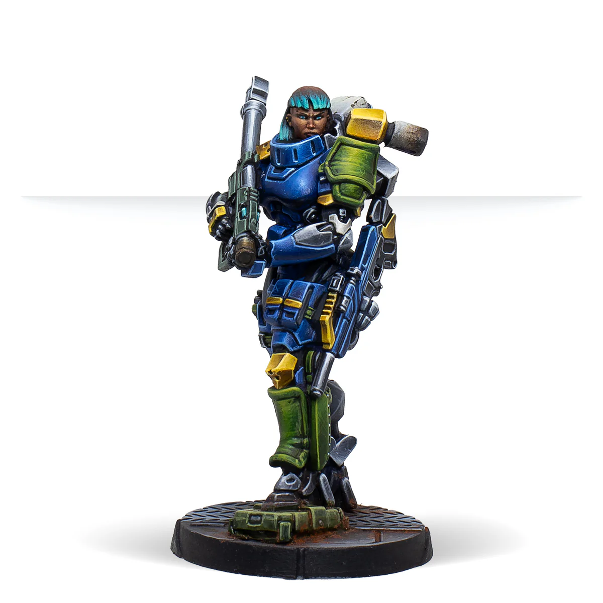 painted miniature of a heavily armored woman in blue and yellow with a large plasma rifle
