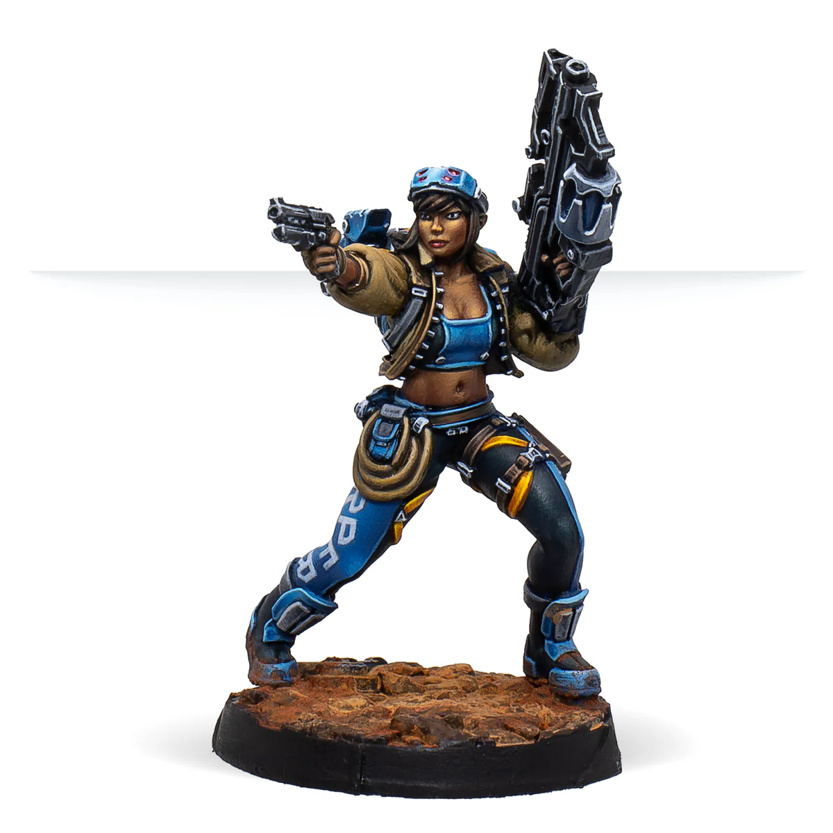 painted miniature of a woman in blue and yellow wielding two guns