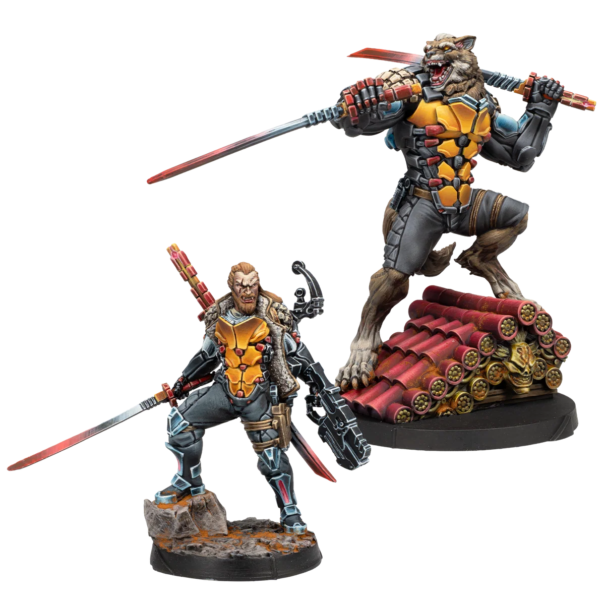 painted miniatures of man and werewolf in matching yellow armor