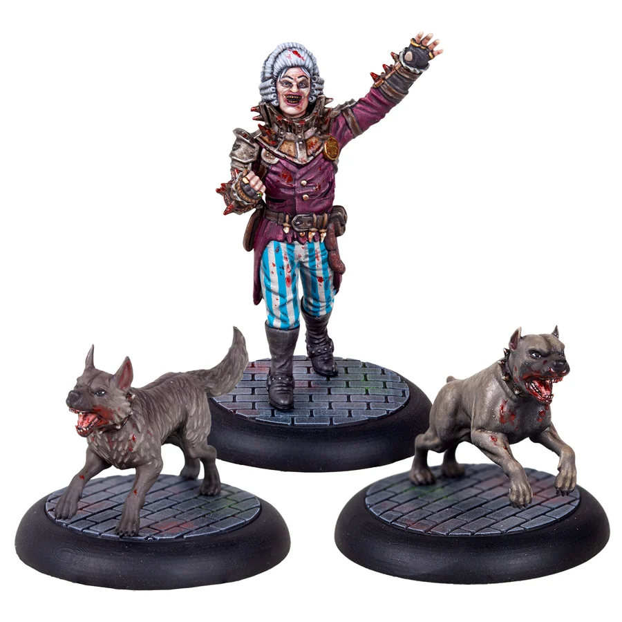 painted miniatures of man in white wig and two dogs