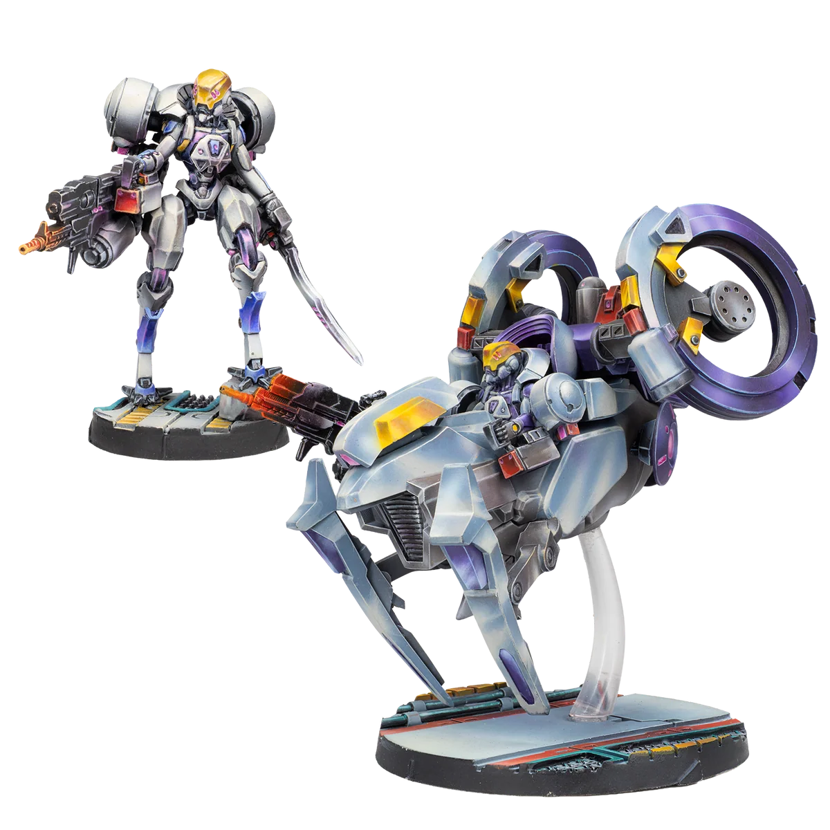 painted miniatures of purple and white mech suit and flier
