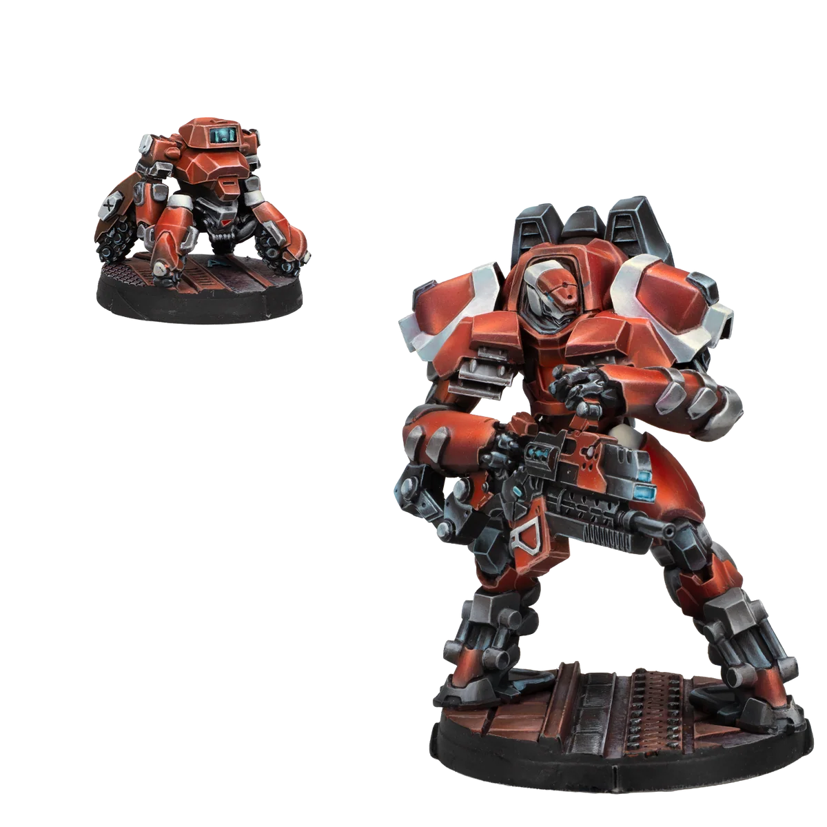 painted miniatures of red and white mech suit and small robot