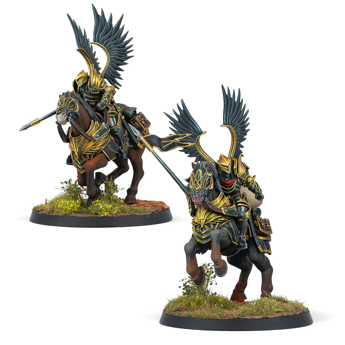 painted miniatures of two winged horse riders