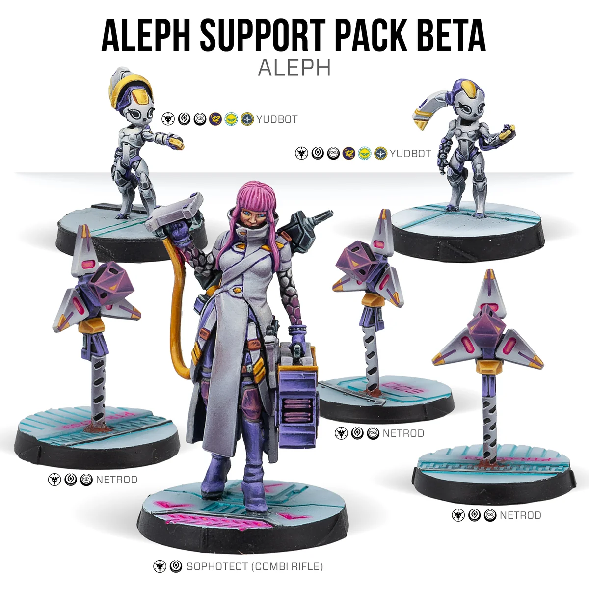 painted miniatures of woman in white coat, three drones, and two robots