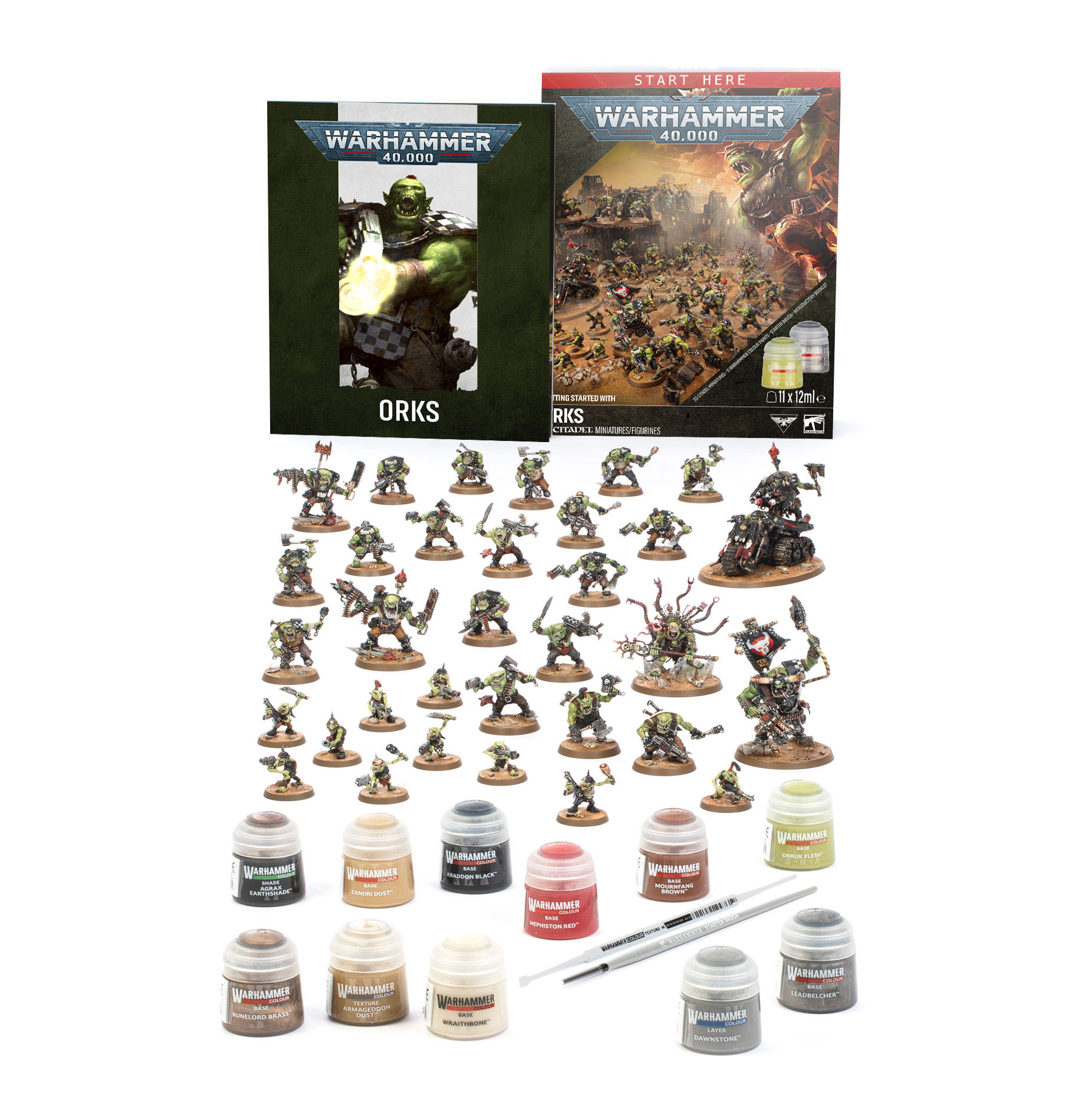 painted ork miniatures and paint pots