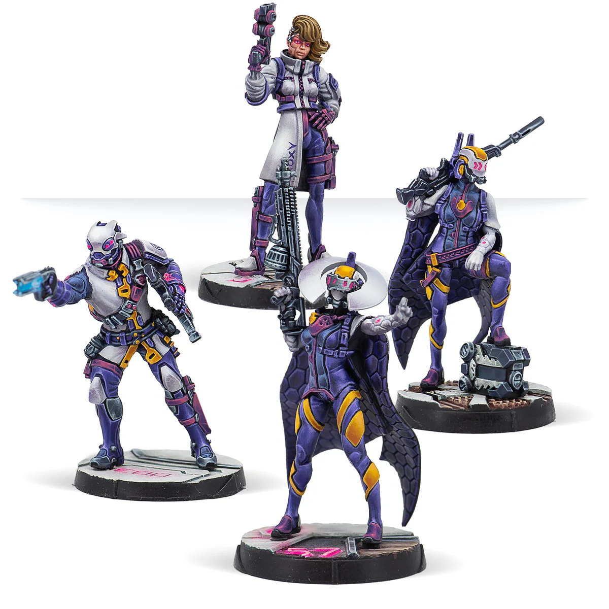 painted post humans in purple and yellow