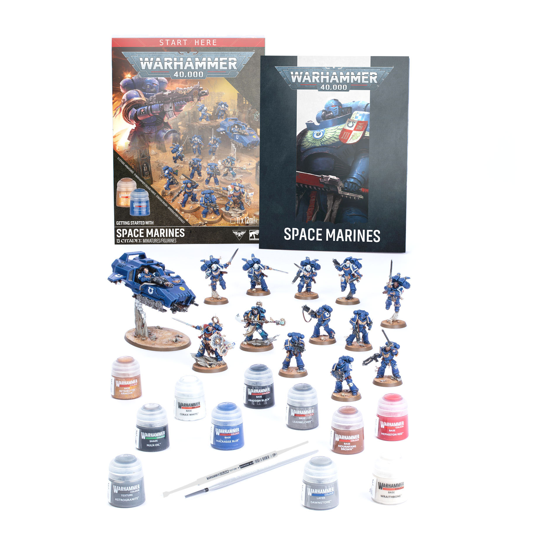 painted space marine miniatures and paint pots
