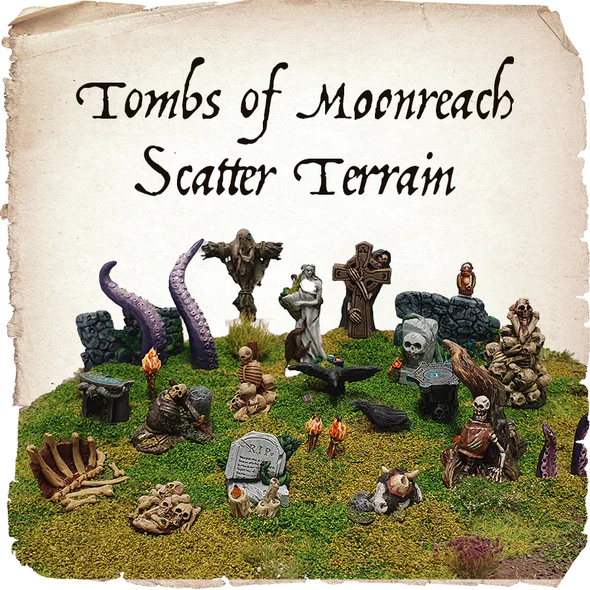 painted terrain pieces on miniature hillside
