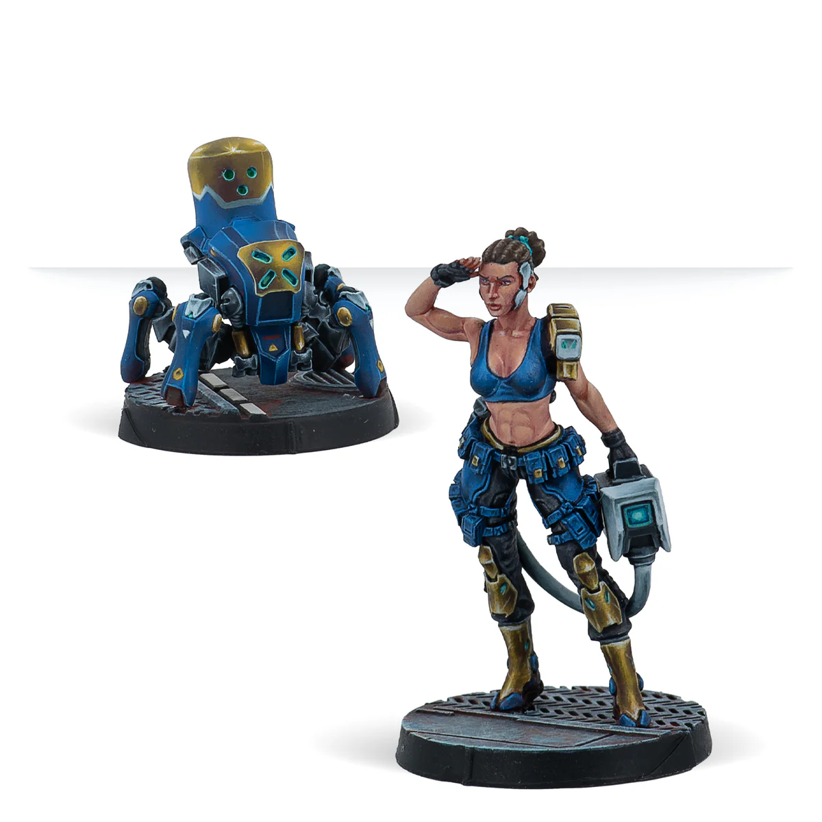 painted woman and robot in yellow and blue