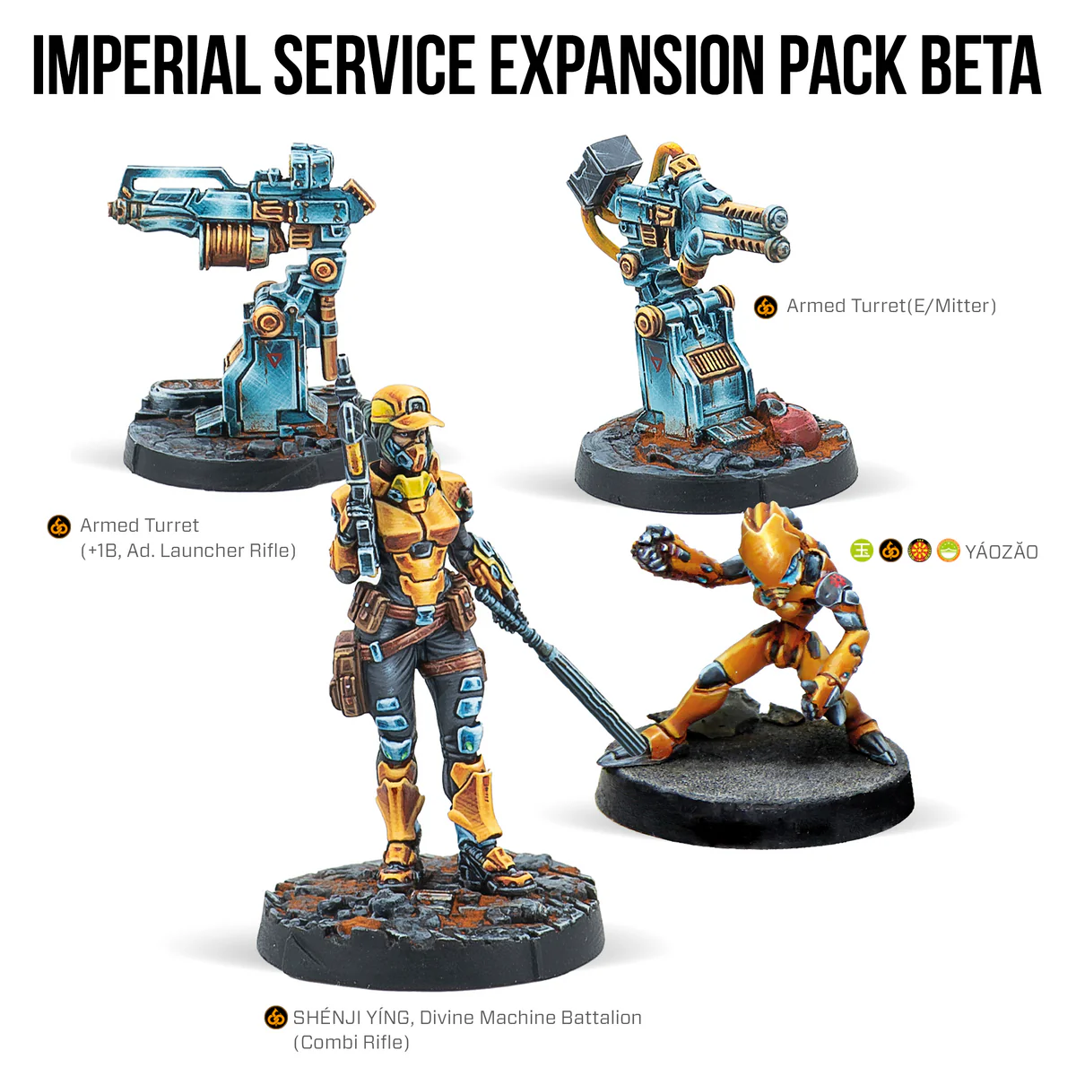 painted woman and robot in yellow and two turret miniatures