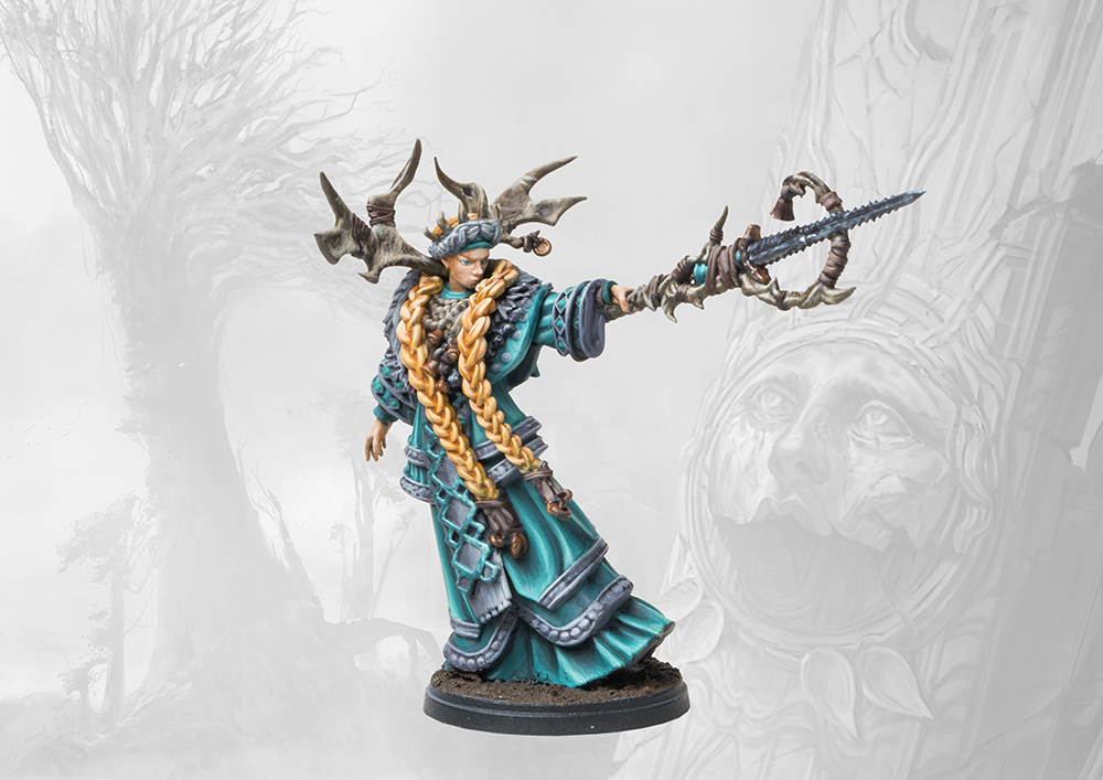 painted woman with braided hair and antler headdress miniature