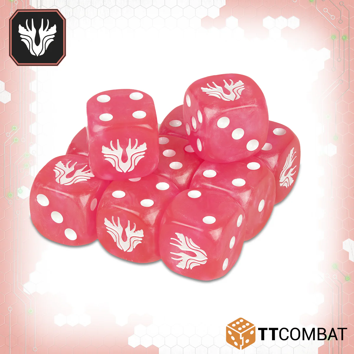 pile of pink dice with white pips