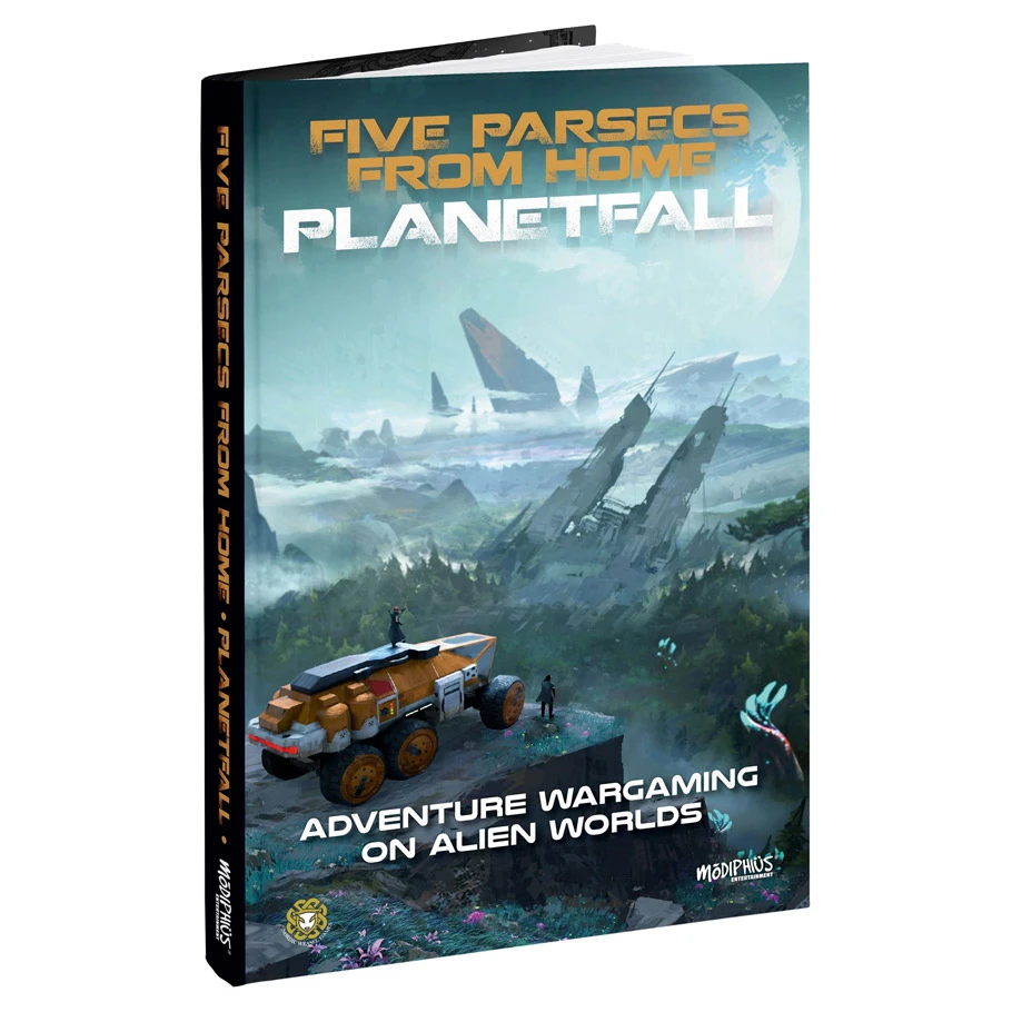 planet fall book cover featuring six wheeled vehicle overlooking crashed space ship