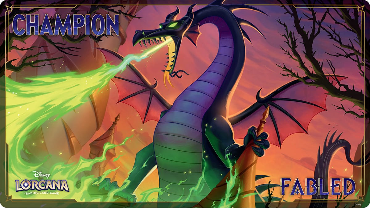play mat labelled champion fabled with art of purple dragon breathing green fire