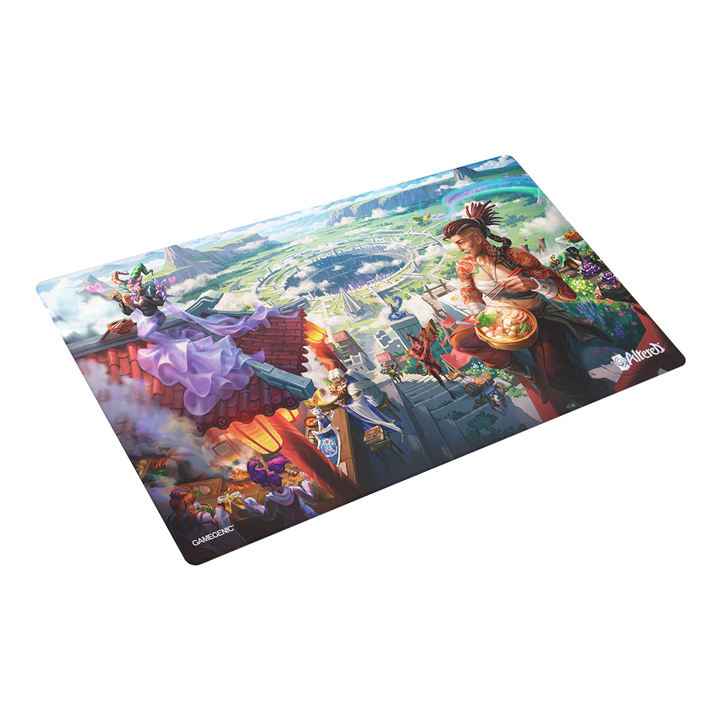 play mat with art of altered characters eating and building and outpost
