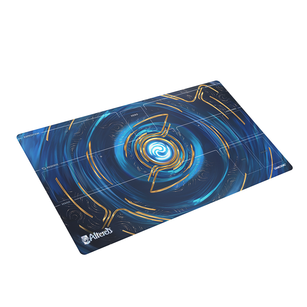play mat with blue and gold art, altered logo, gamgenic logo, and game zone outlines