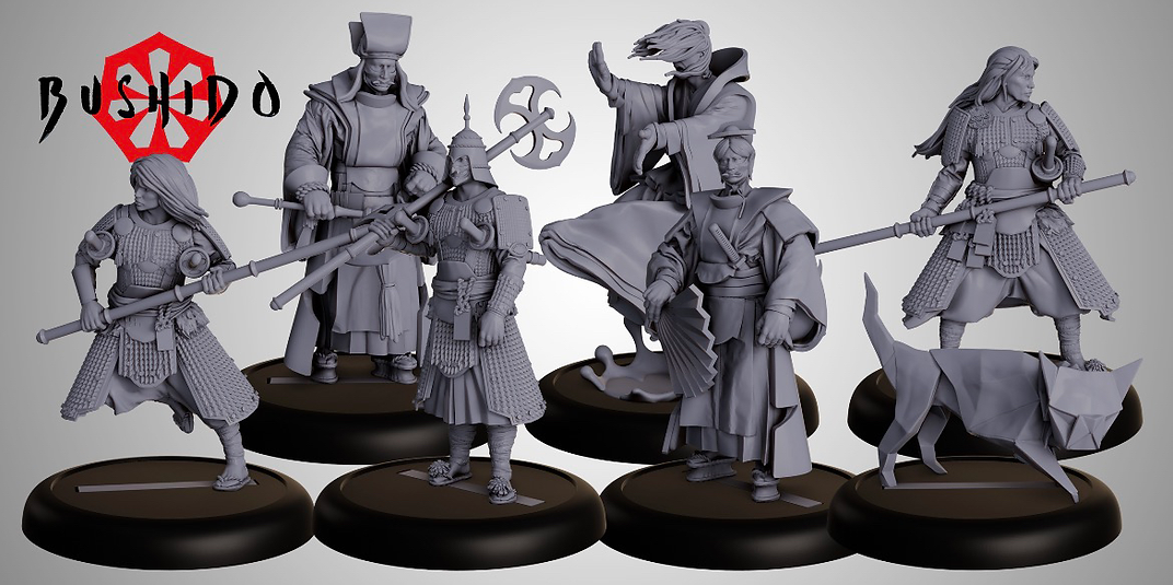 seven digital miniature renders including three armored warriors, three robed mages or scholars, and one origami cat