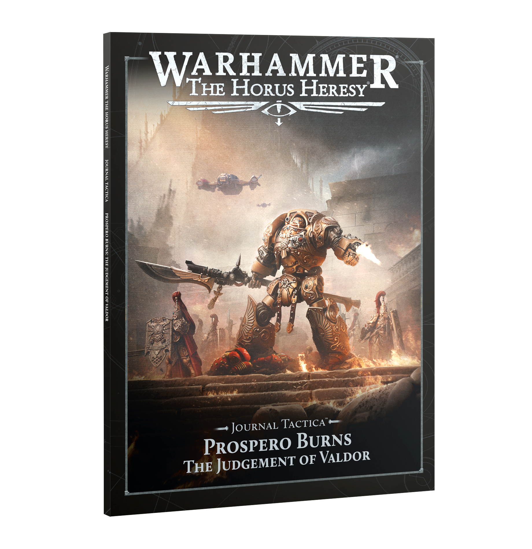 book cover art featuring giant golden suit of armor on a blazing battlefield