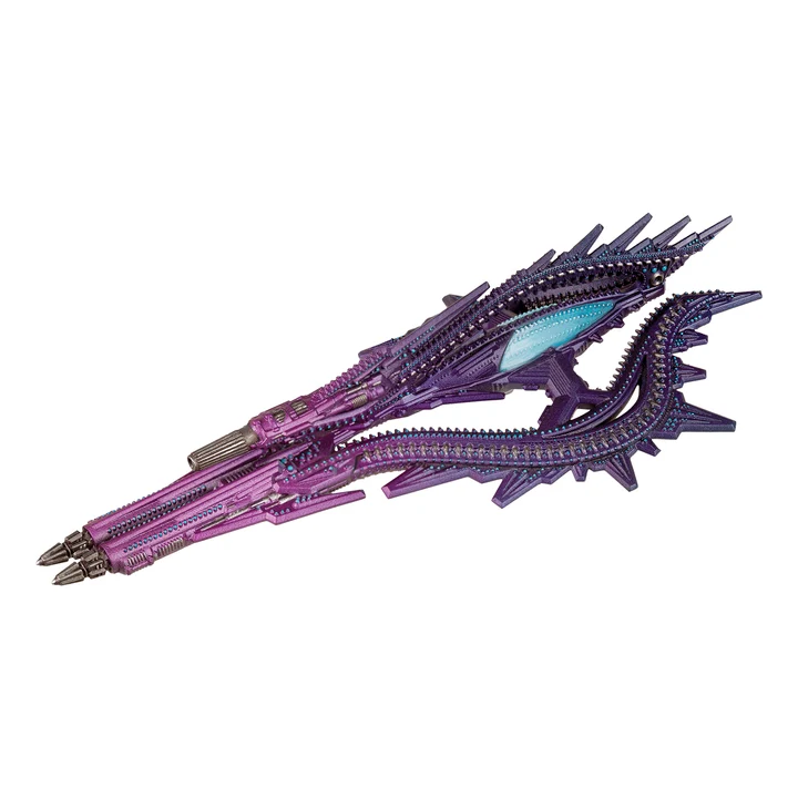 purple and blue space ship with spiky hull