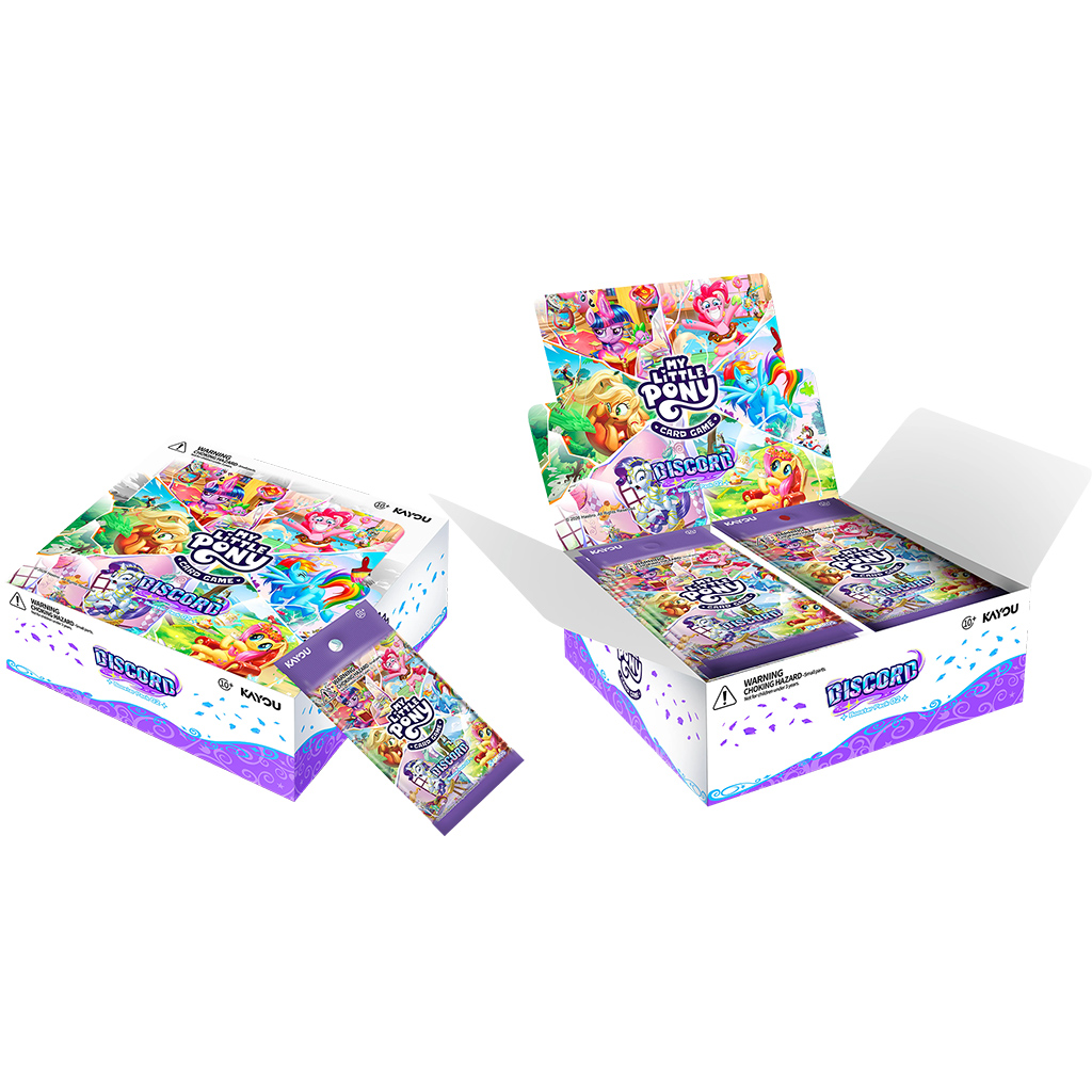 purple and white booster box featuring the mane six characters of my little pony