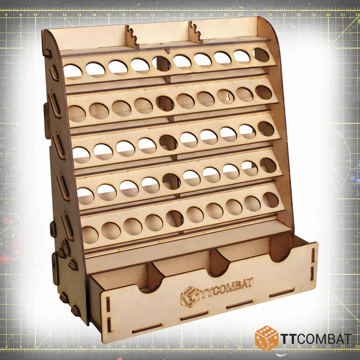 rack with fifty holes for paint bottles