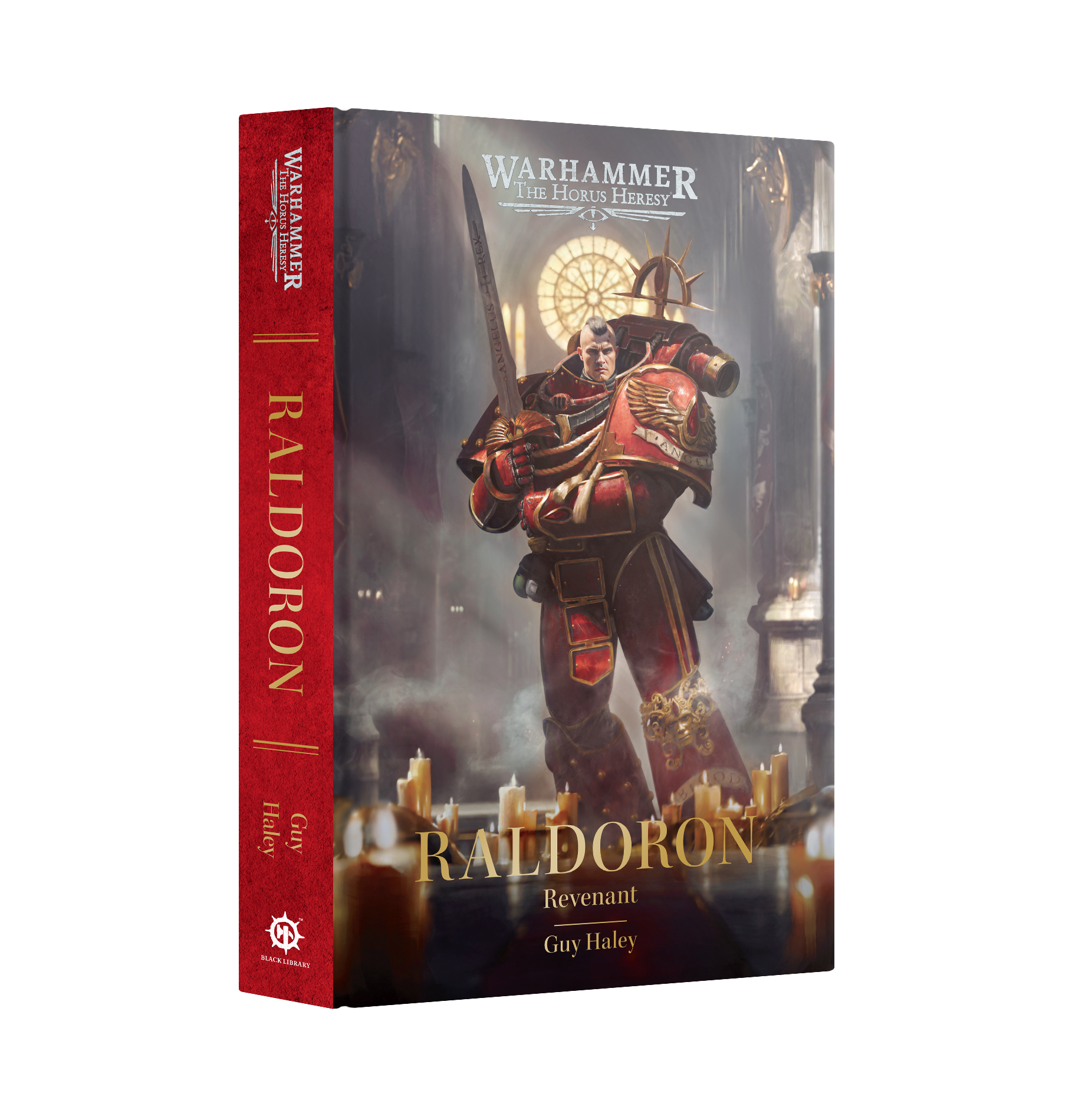 book cover featuring art of a man in red and gold power armor holding a sword with candles at his feet