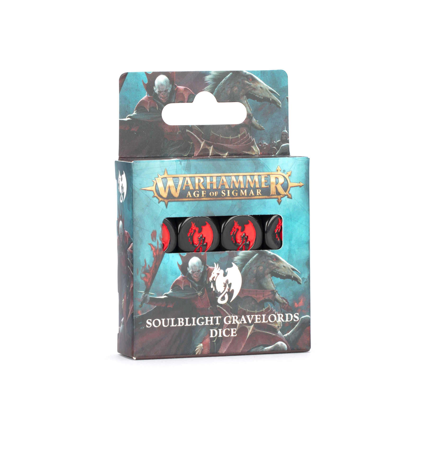 red and teal pack with black and red dice inside
