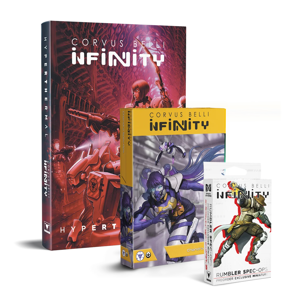 red book, yellow box of chandra spec ops, and box featuring sci fi cowboy