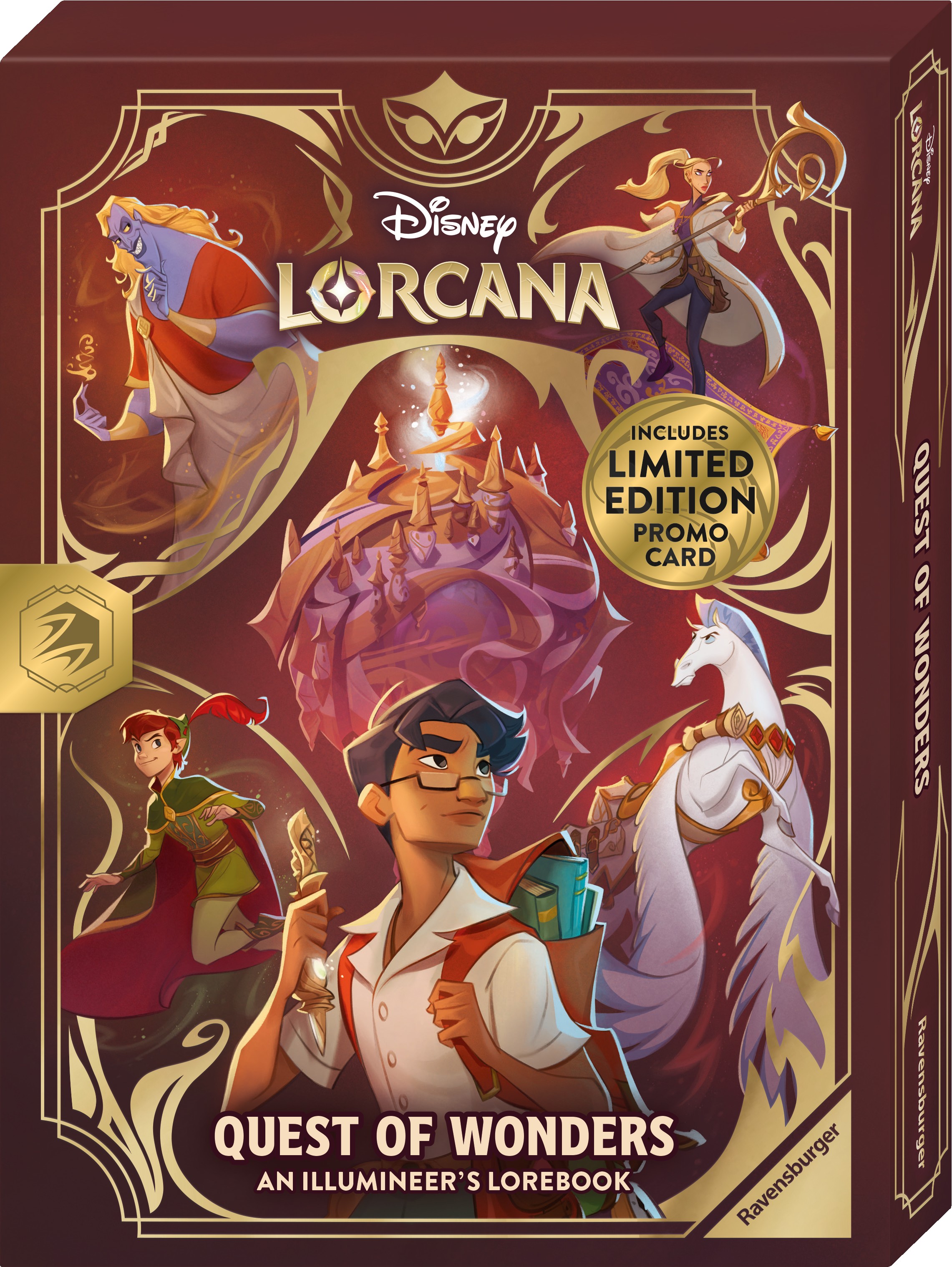 red brown book cover with gold text featuring cartoon art of a boy with glasses and backpack full of books, peter pan, pegasus, hades, and girl riding a magic carpet