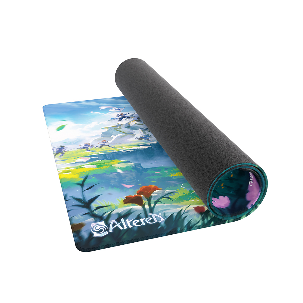 rolled up play mat with altered logo and flowers