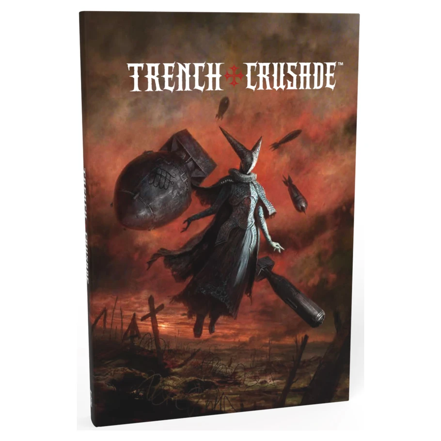 rulebook with art flaming sunset and floating masked figure