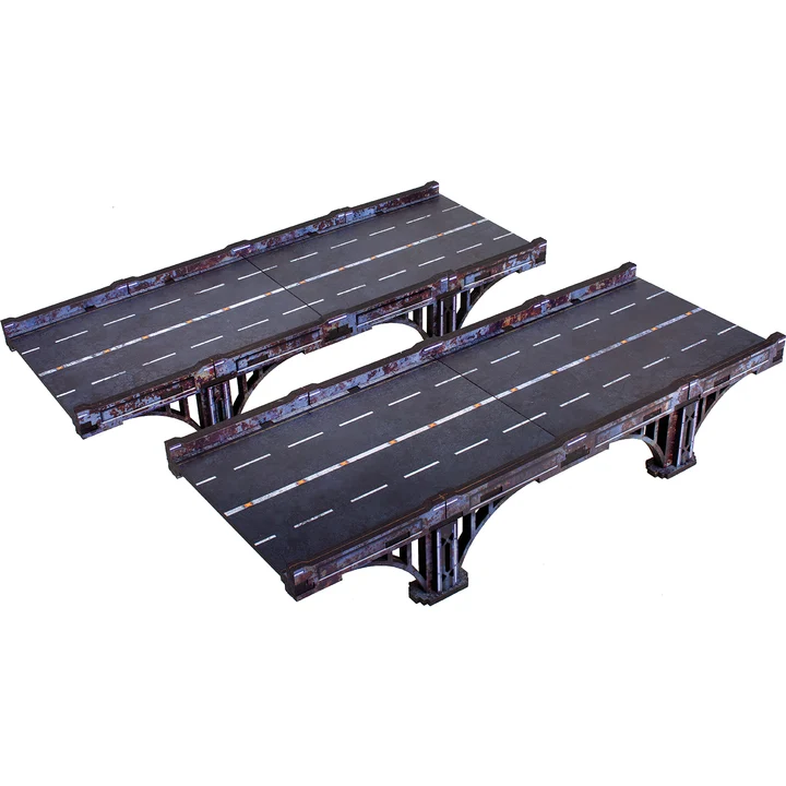 two assembled color printed terrain pieces of highway overpasses with four lanes each