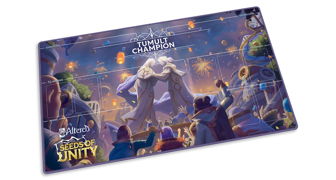 seeds of unity reunion playmat that reads tumult champion