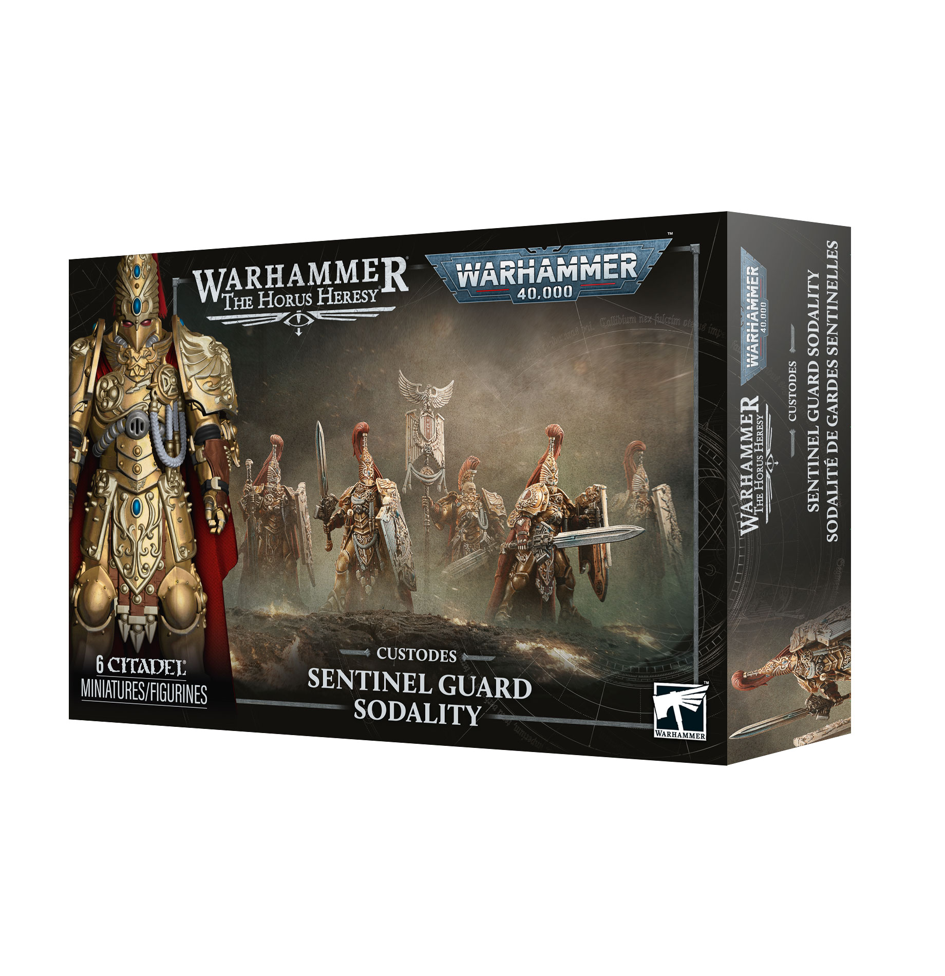 front of box featuring art of five warriors in gold armor and red cloaks with tall red helmet crests wielding swords and shields