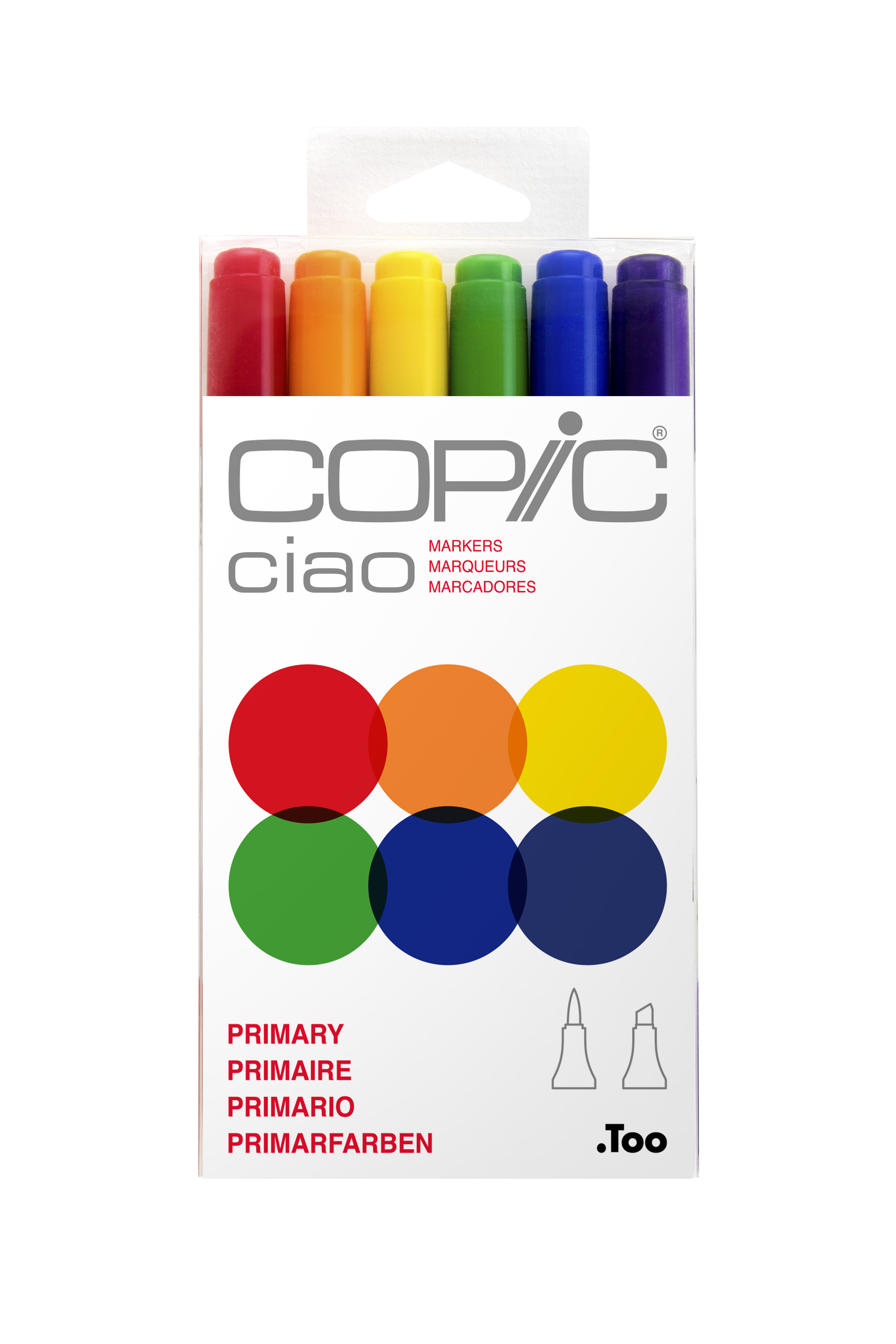 set of six markers in red, orange, yellow, green, blue, and violet