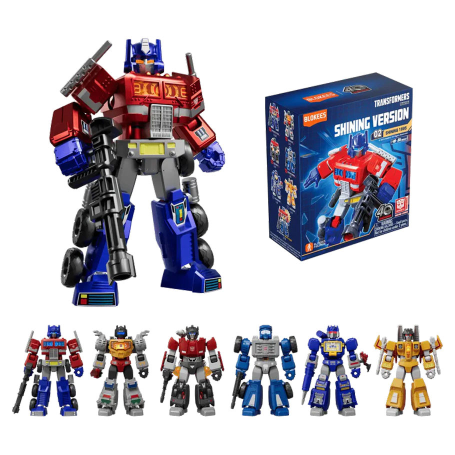 seven assembled figures beside single blind box