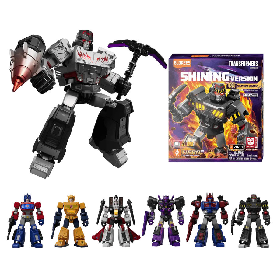 seven assembled figures beside single purple blind box